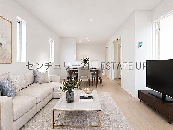 【リビング】リビング空間にキッチンがあり、みんなで食事を楽しめる空間。※ホームステージングしているイメージ図です。