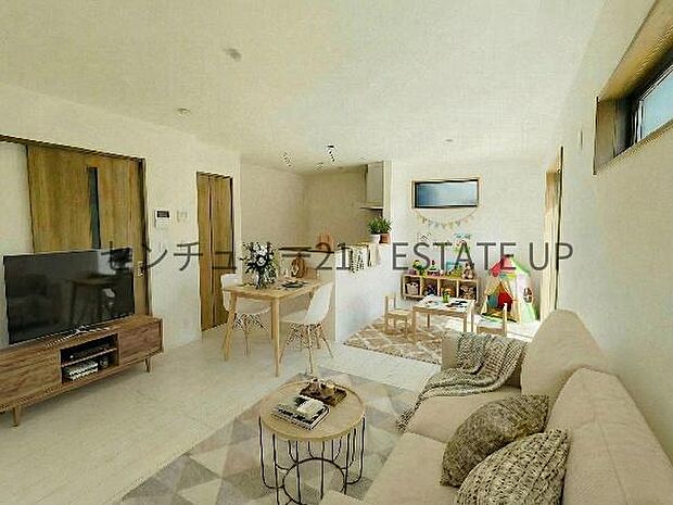 【リビング】リビング空間にキッチン。みんなで食事を楽しめる空間。※ホームステージングしているイメージ図です。