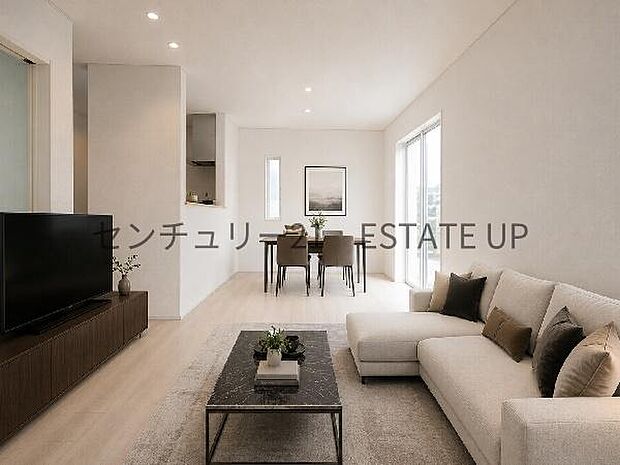 【リビング】リビング空間にキッチンがあり、みんなで食事を楽しめる空間。※ホームステージングしているイメージ図です。