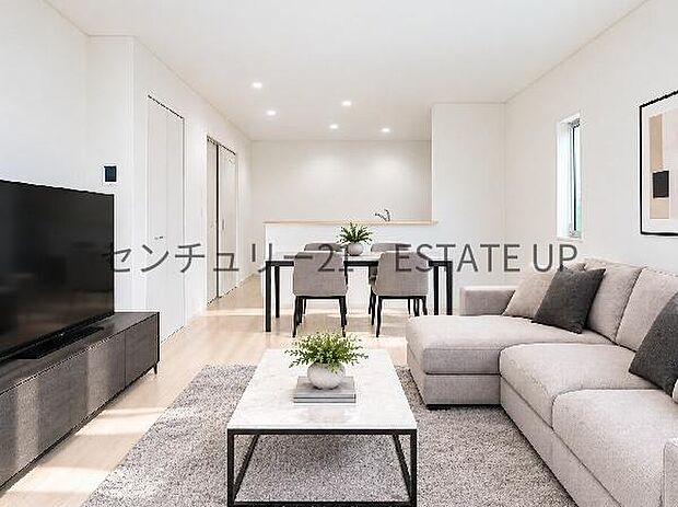 【リビング】リビング空間にキッチンがあり、みんなで食事を楽しめる空間。※ホームステージングしているイメージ図です。