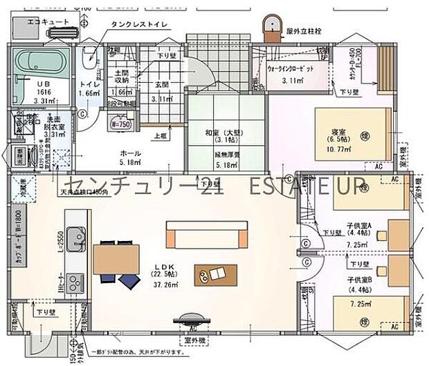【間取り】ファミリーにおすすめの4LDK。寝室、お子様のお部屋など分けた使いかたが可能です。