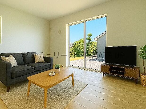 【リビング】庭に面した明るく開放的なLDKです。※ホームステージングしているイメージ図です。