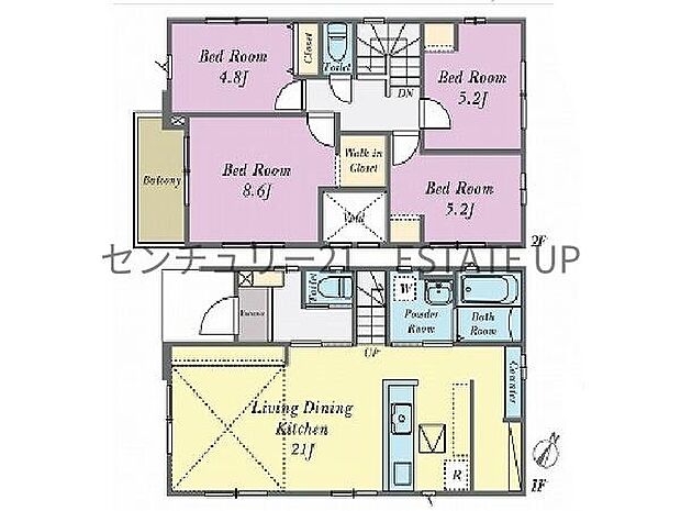 【間取り】ファミリーにおすすめの4LDK。寝室、お子様のお部屋など分けた使いかたが可能です。