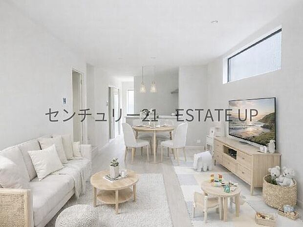 【リビング】リビング空間にキッチン。みんなで食事を楽しめる空間。※ホームステージングしているイメージ図です。