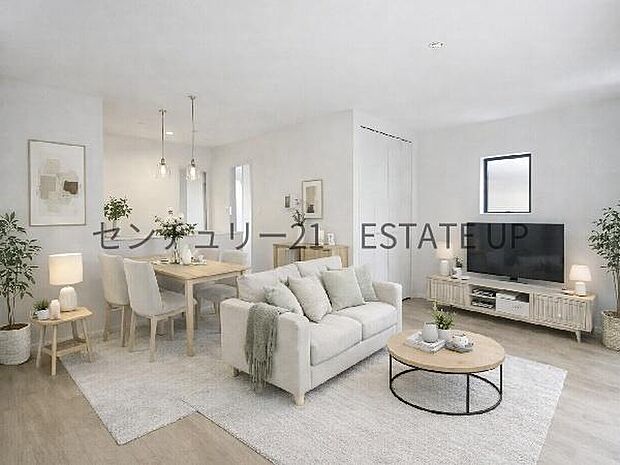 【リビング】リビング空間にキッチン。みんなで食事を楽しめる空間。※ホームステージングしているイメージ図です。