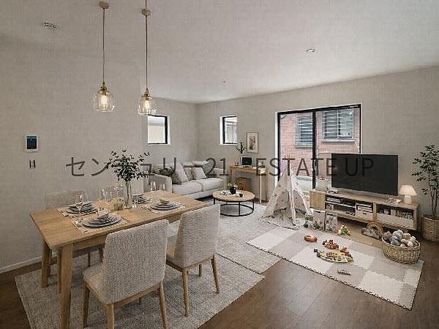 【リビング】広々としたリビング空間で、家族団らんや来客時にもゆったり過ごせる心地よい空間。※ホームステージングしているイメージ図です。