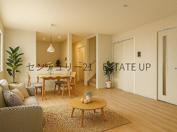 【リビング】広々としたリビング空間にキッチンもあり、家族団らんや来客時にもゆったり過ごせる心地よい空間。※ホームステージングしているイメージ図です。