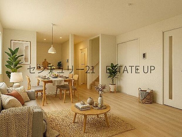 【リビング】広々としたリビング空間にキッチンもあり、家族団らんや来客時にもゆったり過ごせる心地よい空間。※ホームステージングしているイメージ図です。