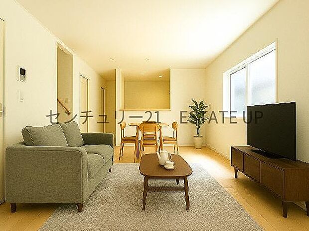 【リビング】広々としたリビング空間にキッチンもあり、家族団らんや来客時にもゆったり過ごせる心地よい空間。※ホームステージングしているイメージ図です。