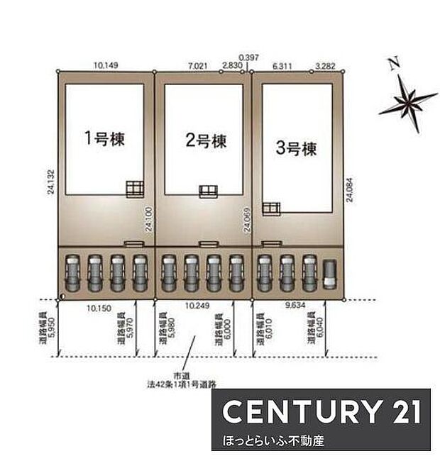 区画図には1号棟から3号棟までの配置がわかりやすく示されています。各区画は駐車スペースが確保されており道路との接続も便利です。方角も表示されているので日当たりや立地の確認もしやすい図面です。