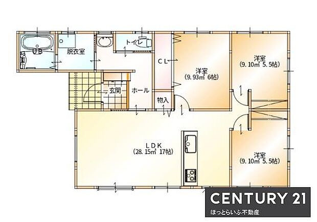 LDKが広々とした間取りでゆったりとした空間が特徴です。3つの洋室がそれぞれ独立して配置されています。水まわりや玄関も機能的な動線です。収納スペースも確保されています。生活しやすい設計となっています。