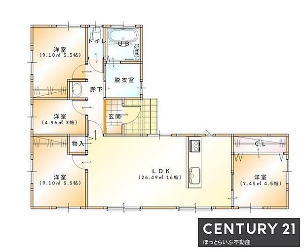 現地案内図で間取りが分かりやすく表示されています。LDKを中心とした空間設計が特徴的です。各居室の広さや位置関係が一目で把握できます。収納や水回りの動線もしっかり確認できます。