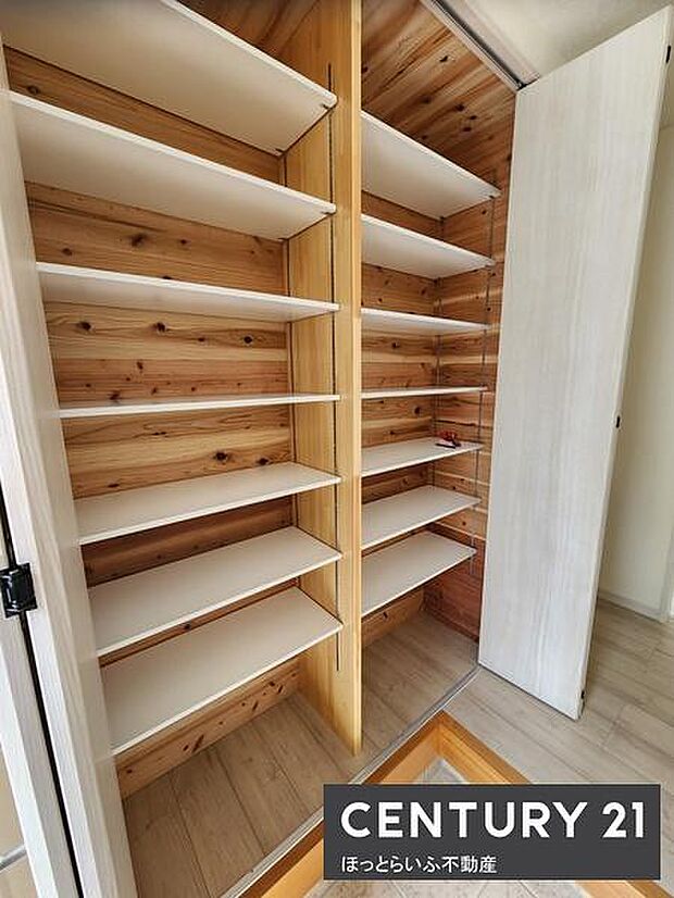 木目調の壁面が特徴的な収納スペースです。棚板は高さを調整できるためさまざまなアイテムに対応できます。奥行きも十分あり使い勝手のよい設計です。扉付きで見た目もすっきりします。収納力に優れています。
