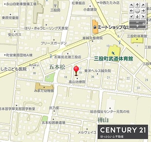 周辺には医療機関や商業施設が複数点在しており毎日の生活に便利な現地案内図です。駅や主要道路へのアクセスも地図上で分かりやすく表示されています。町内の施設や店舗も確認しやすい配置となっています。