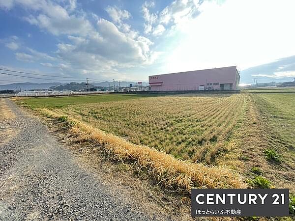 広がる空と田畑が印象的な現地土地写真です。周辺には視界を遮るものが少なく開放感のある風景が広がっています。交通アクセスも良好なエリアに位置しており商業施設が隣接しています。