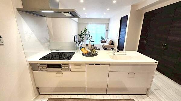 三口コンロのカウンターキッチンです。しっかりとスペースがあるので日々のお料理もストレスなく使えるキッチンです。