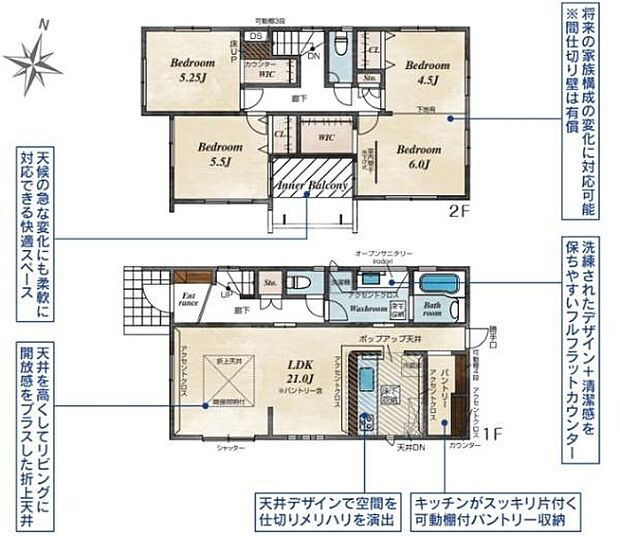 4部屋ある間取りで多様な使い方が可能です。1階LDKは広さがありゆとりのある生活を実現できます。収納スペースも充実しておりキッチンにはパントリーが備え付けられています。