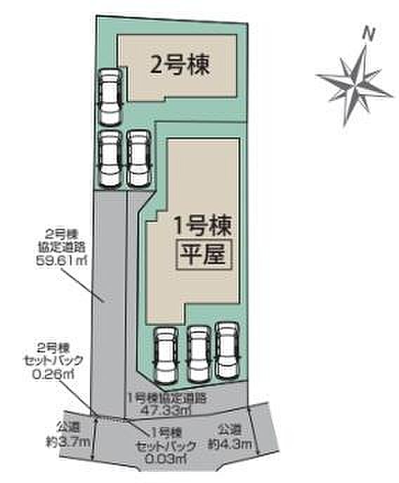 全体区画図が分かりやすく描かれています。1号棟・2号棟の配置が一目で確認できます。駐車スペースもそれぞれ設けられています。敷地や道路幅も明記されておりイメージしやすい図面です。