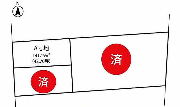 A号地は141.19平米(42.70坪)の広さがありゆとりのある敷地となっています。図面上で位置や形状も確認できます。周辺区画の状況も把握しやすい間取り図です。分かりやすい配置図で検討しやすい情報です