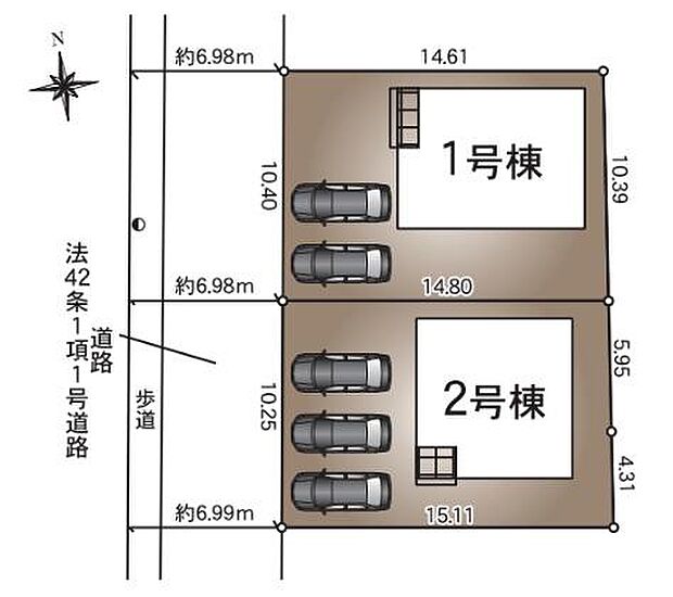 区画ごとに駐車スペースがしっかり確保されています。建物の配置が効率良く敷地を有効に活用できます。道路幅員もゆったりとしており車の出し入れがしやすい設計です。