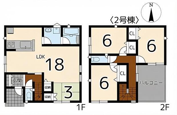 1階と2階にバランスよく部屋が配置されています。LDKは18帖の広さがあり開放的な空間です。各部屋に収納スペースが設けられており整理しやすい間取りです。バルコニー付きで2階には3部屋あります。