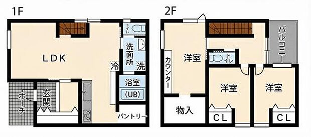 広々としたLDKが特徴的な間取りです。各階にトイレがあり使い勝手に配慮されています。収納やパントリーも配置されており日々の生活に便利です。バルコニー付きで明るい空間が広がります。