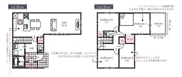 1階に広々としたリビングダイニングキッチンが配置されています。2階には4つの独立した洋室がありそれぞれに収納が備わっています。