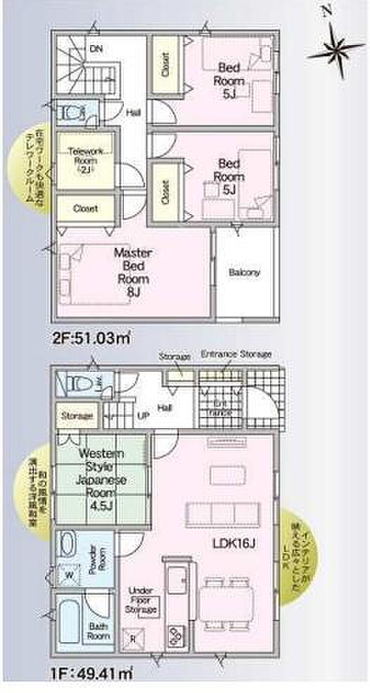 部屋数が豊富で使い分けがしやすい間取りです。収納スペースが多く片付けに役立ちます。バルコニーやテレワークルームなど多彩な空間が設けられております。16畳のLDKが住まいの中心になっています。