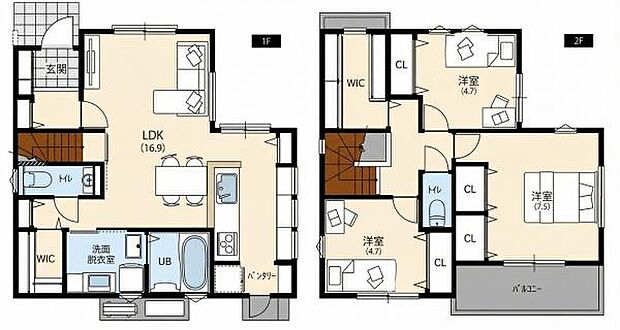 広々としたLDKが印象的な間取りです。2階には複数の洋室があり全室に収納スペースを確保しています。ウォークインクローゼットやバルコニーも設けられており使い勝手の良さが感じられます。