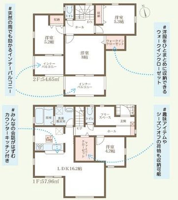 2階建てのゆとりある間取りで家族それぞれに使いやすい空間が確保されています。ウォークインクローゼットや納戸など収納も充実。バルコニーは雨の日にも便利です。カウンター付きのキッチンも設置されています。