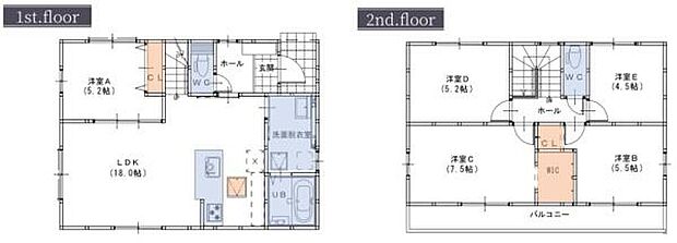 1階には広々としたLDKと洋室があり便利な水回りも1階に集約されています。2階には洋室が4部屋ありそれぞれ独立しています。バルコニー付きで各部屋の使い分けがしやすい設計です。