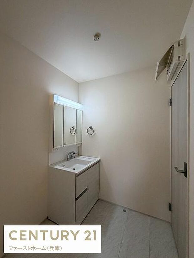 洗面台・洗面所はシンプルなデザインですっきりとした空間が広がっています。ミラー付き収納が備わっており日常使いにも便利です。落ち着いたカラーリングが特徴的な内装です。