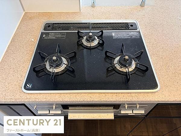 三口コンロが備わったキッチンです。シンプルなデザインで使いやすさが感じられます。調理スペースも確保されているので作業がしやすい印象です。表面もフラットでお手入れがしやすそうです。
