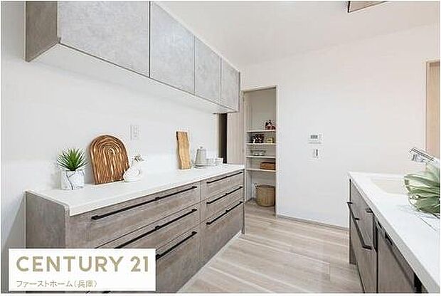 落ち着いたカラーの収納が魅力的なキッチンです。広々とした作業スペースが確保されています。収納力があり整理整頓しやすい設計です。明るい室内で使いやすい空間となっています。