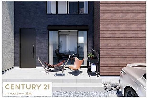 玄関前には広めのステップがありゆとりのあるアプローチが印象的です。シンプルなデザインで外観がすっきりとしています。窓が大きく採光にも配慮された設計です。車の乗り降りもしやすい配置となっています。