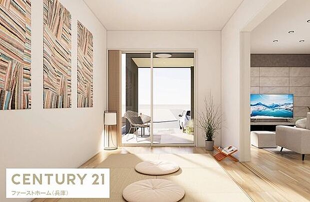 洋室には大きな窓があり明るい光が差し込みます。シンプルな壁面が空間をすっきりと見せています。隣接したリビングとのつながりも感じられ開放的な印象です。おしゃれなアートパネルがアクセントになっています。