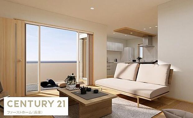 リビングは大きな窓から明るい光が入り開放感を感じられる空間です。木目調の内装が落ち着いた雰囲気を演出します。キッチンと一体感があり使い勝手も考えられています。バルコニーへの動線もスムーズです。