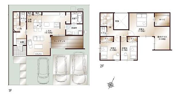 開放感のあるリビングダイニングとウッドデッキがつながる設計が魅力です。各部屋の収納スペースがしっかり確保されています。駐車スペースは三台分あり家族や来客にも安心です。