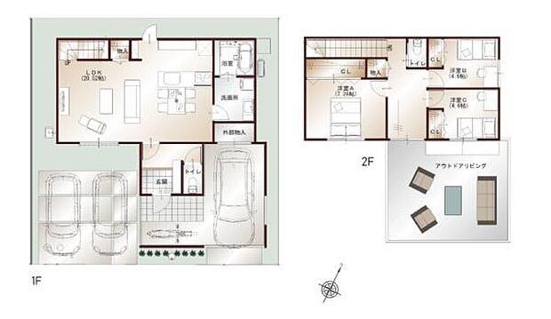 広々としたリビングダイニングが1階に配置されており使いやすい動線が魅力です。2階には複数の居室がありプライベートな空間をしっかり確保しています。