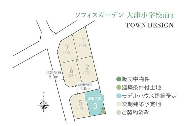 全体区画図で各区画の配置が一目で確認できます。道路幅が5.0mと広く車の出入りもスムーズです。販売中や建築予定など区画ごとの状況が分かりやすく表示されています。