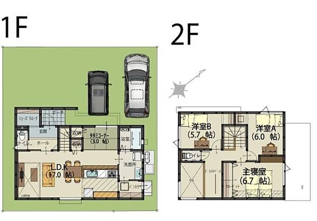 1階と2階にしっかりとした空間分けがされていて生活動線が考慮されています。主寝室や洋室は広さがあり使い勝手が良さそうです。駐車スペースも2台分確保されていて便利です。