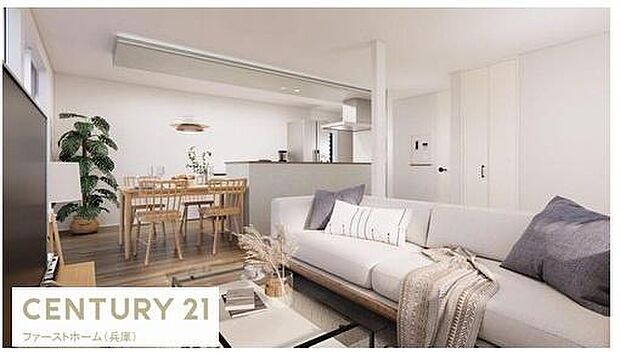 明るいリビングはナチュラルな色合いでまとめられておりすっきりとした印象です。オープンな空間が広がりキッチンやダイニングとのつながりも魅力となっています。