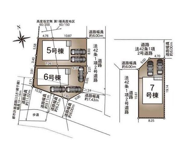 5号棟6号棟7号棟の全体区画が分かりやすく配置されています。敷地ごとに駐車スペースがしっかりと確保されています。周辺道路の幅員や隣接道路も明示されています。敷地の形状や道路付けが一目で把握できます。