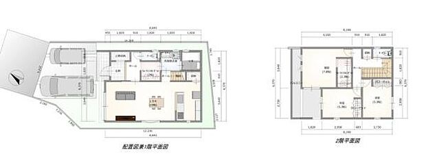 全体の動線が分かりやすい配置となっています。階段や収納スペースも各所に設けられています。1階と2階で生活スペースがしっかり分けられています。車2台分の駐車スペースも用意されています。