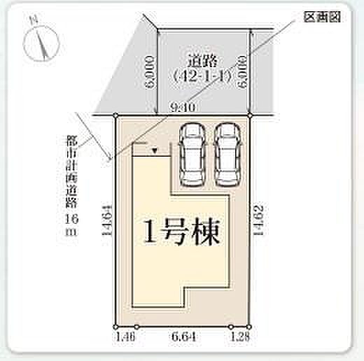 シンプルで分かりやすい区画図です。駐車スペースが2台分確保されています。建物と敷地のバランスが良好です。前面道路が広めに設定されているのもポイントです。