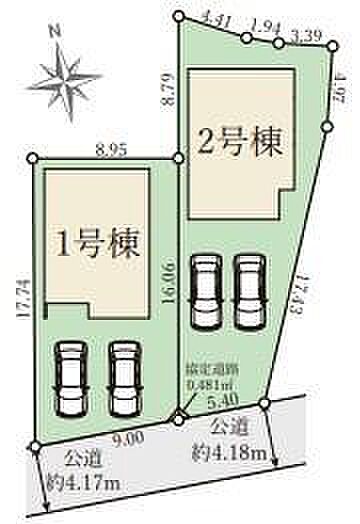 2区画に分かれた配置が特徴的です。駐車スペースが確保された設計となっています。南側の道路に面しており敷地形状が分かりやすく示されています。用途に応じて選びやすい区画図です。