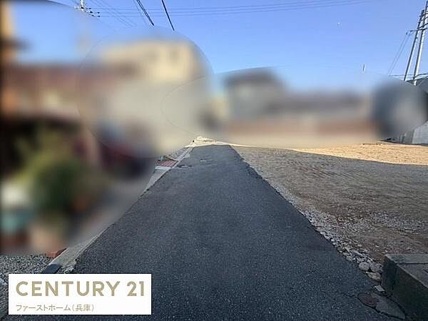 現地の前面道路は舗装されており落ち着いた雰囲気が感じられます。建物の外観や周囲の住宅も確認でき周辺の様子も一目でわかります。