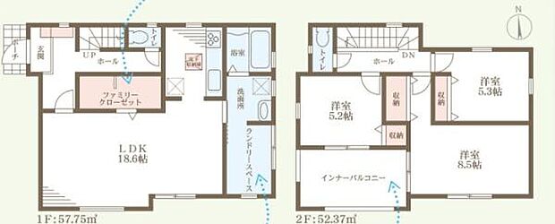 ファミリークローゼットやインナーバルコニーなど便利なスペースが確保されています。LDKは18.6帖と開放的な広さです。浴室や洗面所の動線も考えられています。