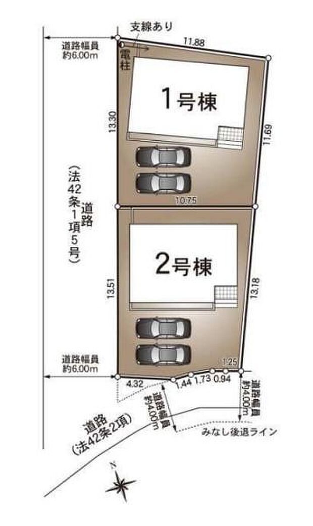 全体の区画図が分かりやすく配置されています。駐車スペースも各棟ごとに確保されています。道路幅員や敷地の形状が明示されているため検討しやすいレイアウトです。用途に応じた配置計画が伝わります。