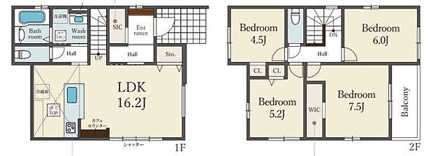 各部屋が程よく独立した間取りでプライベート空間が確保されています。1階のLDKは広々とした設計となっております。ウォークインクローゼットやシューズインクロークなどの収納も充実しています。